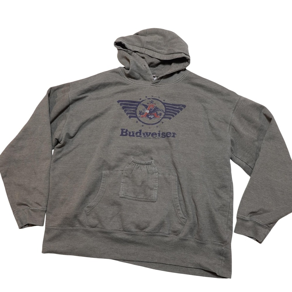 Budweiser Hoodie Sweatshirt Mens XL Gray Brew City Fleece Beer Pocket Pullover